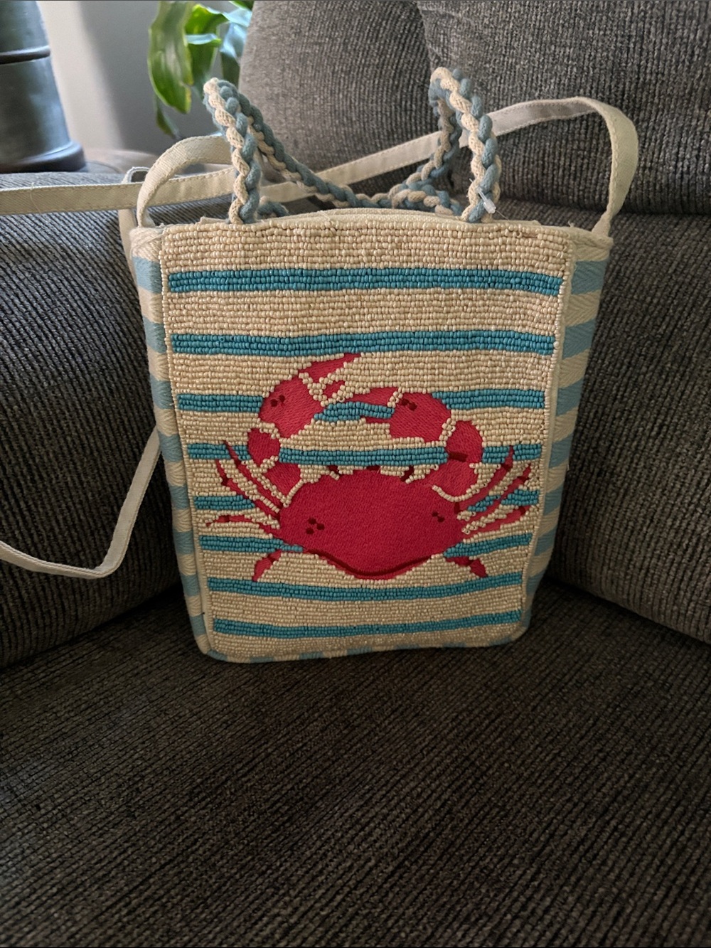 Beaded Beach Stripe Crab Tote Bag - Pink Crab on Blue & Cream